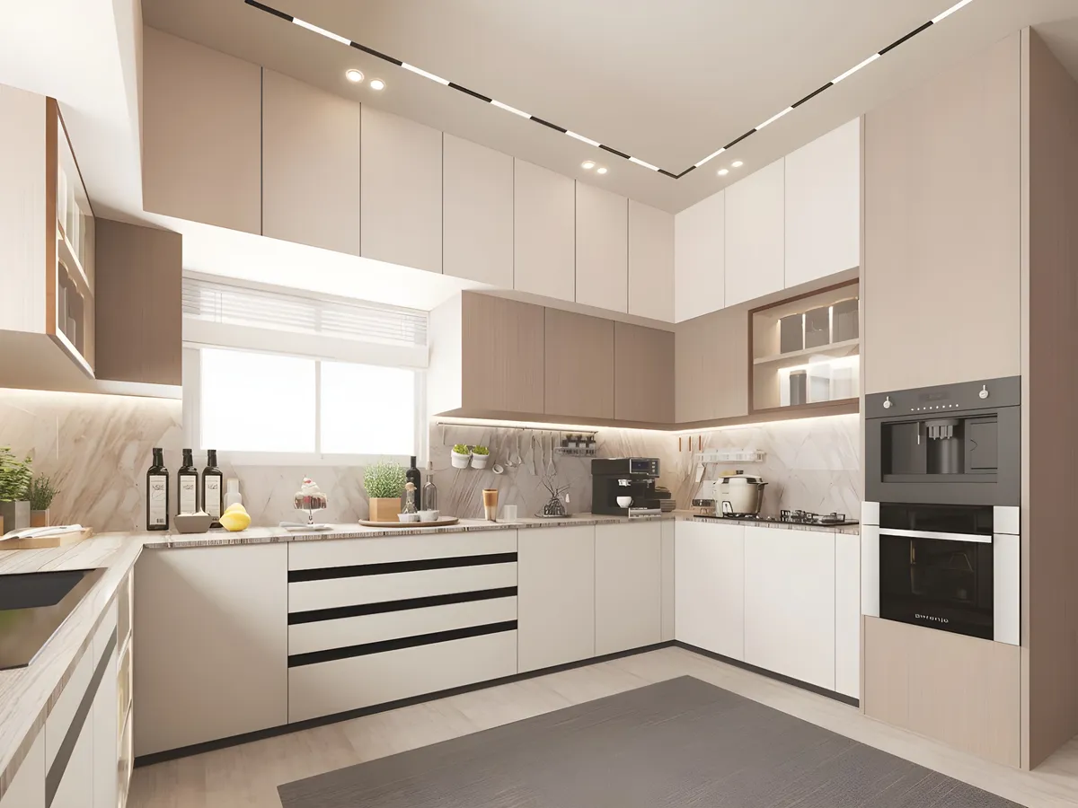 Bright modern kitchen with warm wood and neutral finishes