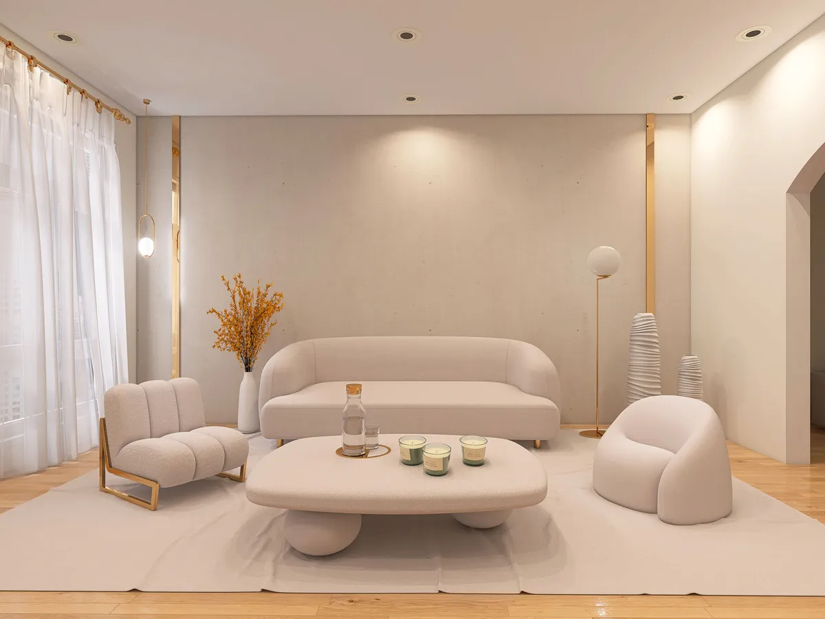 Warm modern living room with neutral tones and organic furniture